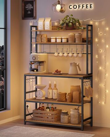 Стелаж кухонний VASAGLE з розетками, для мікрохвильової печі, з решіткою, 14 гачків, антрацит-чорний (40 x 100 x 170 см, Вінтаж-коричневий + Чорний)