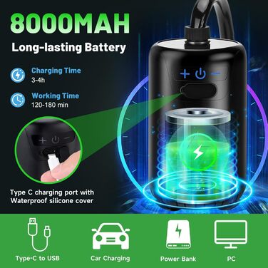Портативна кемпінгова душ з насосом, акумулятор 8000mAh, LED-дисплей, водонепроникність IPX7, для кемпінгу, піших прогулянок та подорожей