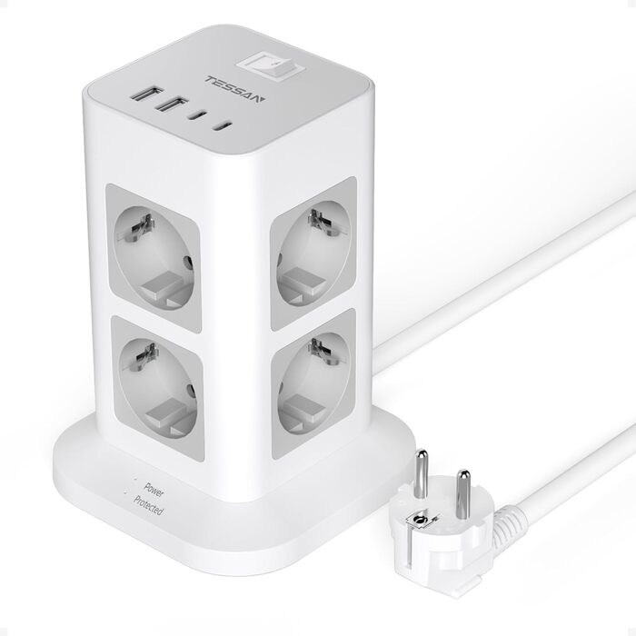 Розподільник розеток TESSAN з 8 розеток, 2 USB-C, захистом від перенапруги, 4 USB, вимикачем та кабелем 2м (сірий/білий)