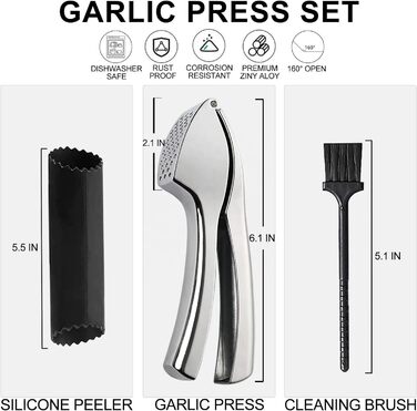 Пресс для часнику з нержавіючої сталі, 15,5 x 2,5 см, кут відкривання 160°, придатний для миття в посудомийній машині, чорно-срібний