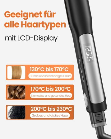 Випрямляч для волосся з титановими пластинами, іонізація, швидкий нагрів 20s, LCD-дисплей, універсальна напруга, 2-в-1 (Noir)