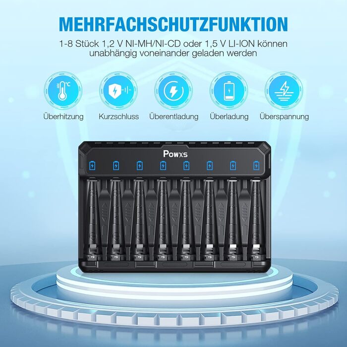 Зарядний пристрій POWXS для акумуляторів AA AAA (NIMH/NICD/Li-ion/Lithium) з LED-дисплеєм та USB-C, 8 слотів, швидка зарядка
