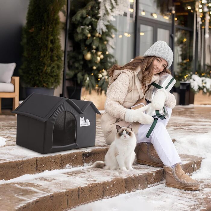 Зручне котяче будиночок ALLSOPETS для вулиці: водонепроникне собаче житло, тепле ізольоване притулок для тварин з подвійним дахом (чорний)
