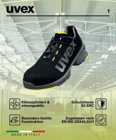 Робочі черевики Uvex 1 Halbschuh S2 SRC, чорно-лаймові, 45 EU (для жінок та чоловіків)