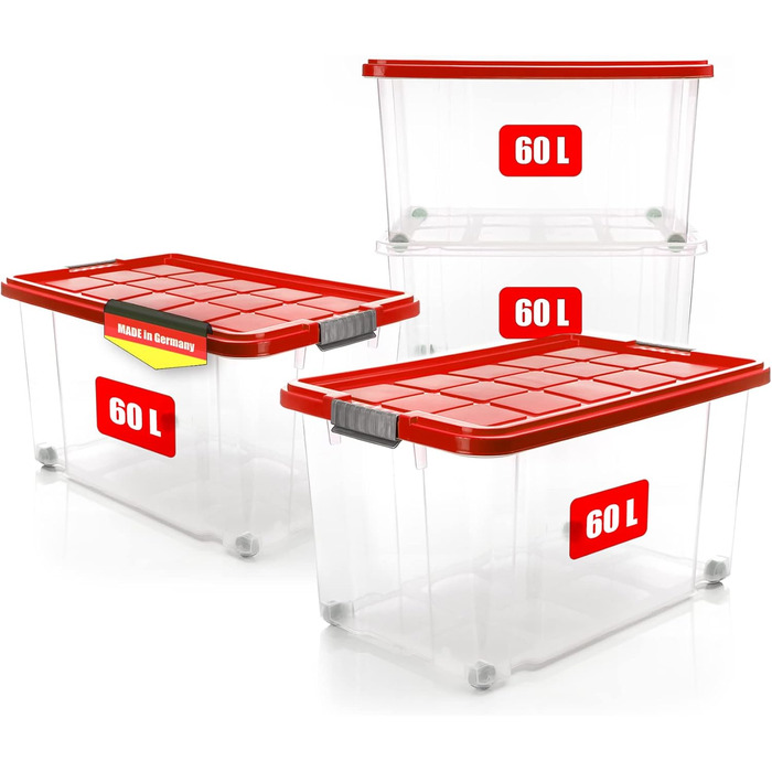BigDean 4-Piece 60L Storage Box with Lid Large Steel - Stackable, Robust Box, BPA-Free - Rollable Stack Box with Secure Click Closures - Made in Germany (Red Transparent)