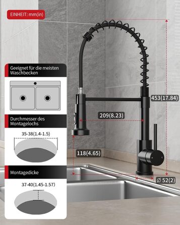 Кухонний змішувач Rainsworth з нержавіючої сталі, чорний, з висувною лійкою та двома струменями, 360° обертання, 45 см