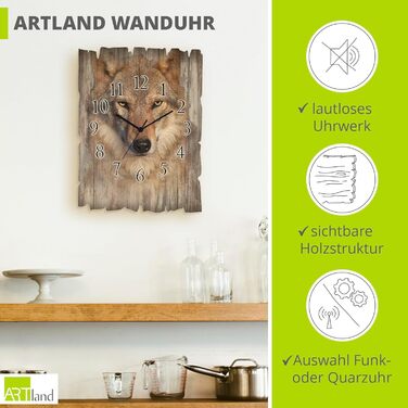 ARTLAND Wall Decor Wall Clock without Ticking Sounds, Wood, 30x40 cm, Rectangular, Silent, Nature, Animals, Forest Landscape, Original, Nordic, T5YP (Wolf, Radio Clock)
