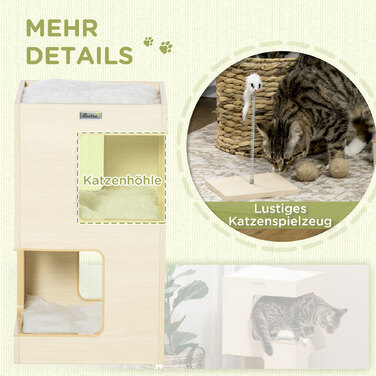 PawHut Будиночок для котів PawHut, 3-ярусний котячий шафка, закритий котячий будинок для дому з подушкою та іграшками з дуба, 34x34x60 см для любителів котів