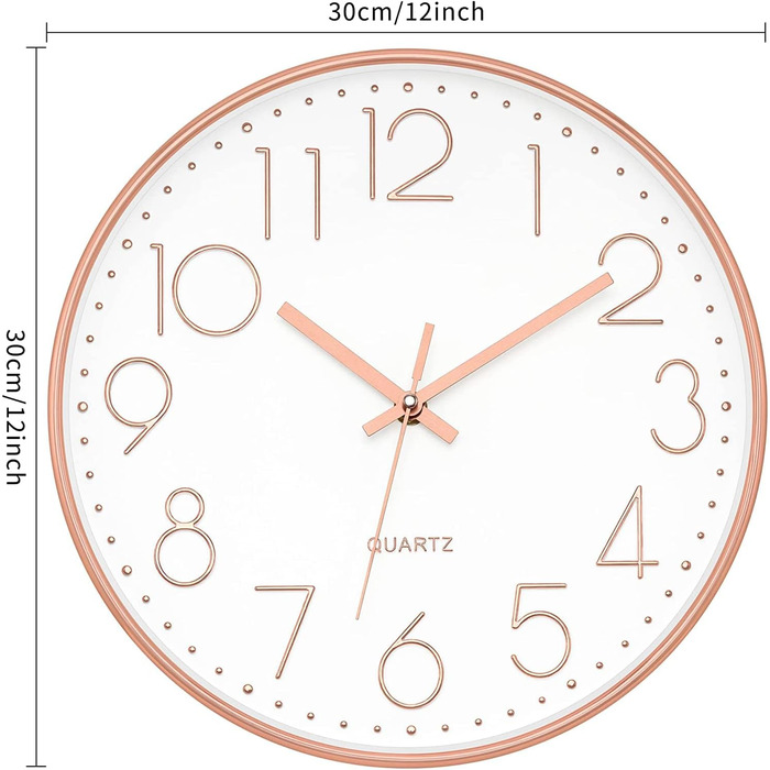 Foxtop Wall Clock Radio-Controlled Wall Clock 30 cm Silent & No Ticking Large Dial Analog without Ticking For Kitchen, Living Room, Bathroom DCF Radio Signal Modern Design White-Gray (White-Rose Gold)
