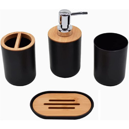 Bathroom Accessories Set - 6Pcs Bathroom Accessories Set made of Bamboo, Lotion Bottles, Toothbrush Holder, Tooth Cup, Soap Dish, Toilet Brush, Trash Can (4 Pcs Black)