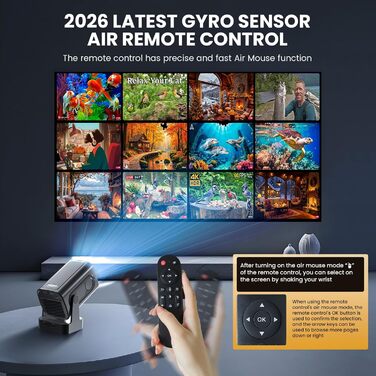 Портативний проєктор Beamer 4K з автофокусом, WiFi 6, Bluetooth 5.4 та інтегрованими додатками (2026 модель). Підтримка HDMI, TV Stick, Memory Stick, Laptop. Чорний