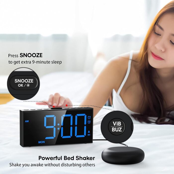 Loud Vibration Alarm Clock for Deep Sleepers, Dual Alarm with Weekend Mode, Large Digital Display, Dimmer, Battery Backup, USB Charger, Vibration Alarm Clock for Deaf/Hard of Hearing Digital Clock