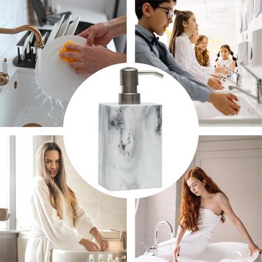 Дозатор для мила Suanti, 425 мл, з помпою з нержавіючої сталі, наповнюваний, квадратний, декоративний, для мила для рук, миття посуду та лосьйону, стиль мармур (білий та білий)