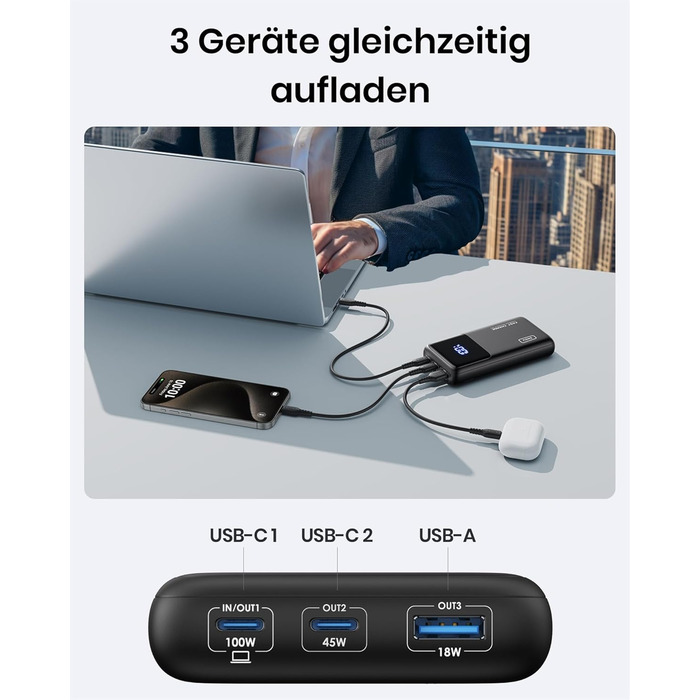 Портативний зарядний акумулятор INIU 100W 25000mAh з USB-C, сумісний з MacBook, iPad, iPhone, DJI та іншими пристроями. Чорний