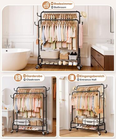 Стійка для одягу Yorbay на колесах: металева, 2 перекладини, 4 гачки, 2 полиці для зберігання, до 120 кг, 112 см (ширина)