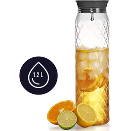 Glass water carafe, 1.2 Liter, glass carafe with lid, silicone lid, height 30.5cm Carafe