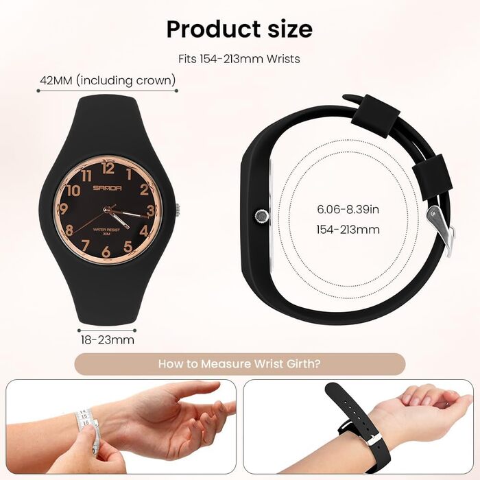 Жіночий годинник: аналоговий кварцовий годинник на силіконовому ремінці. Спортивний годинник для студентів та дорослих, чорного кольору.