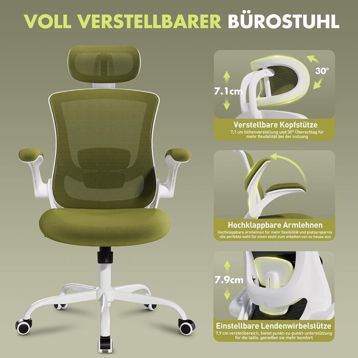 Офісне крісло Colamy з ергономічною підтримкою спини, регульованою підголівником та поперековою підтримкою, поворотне, (Зелений, Classic)