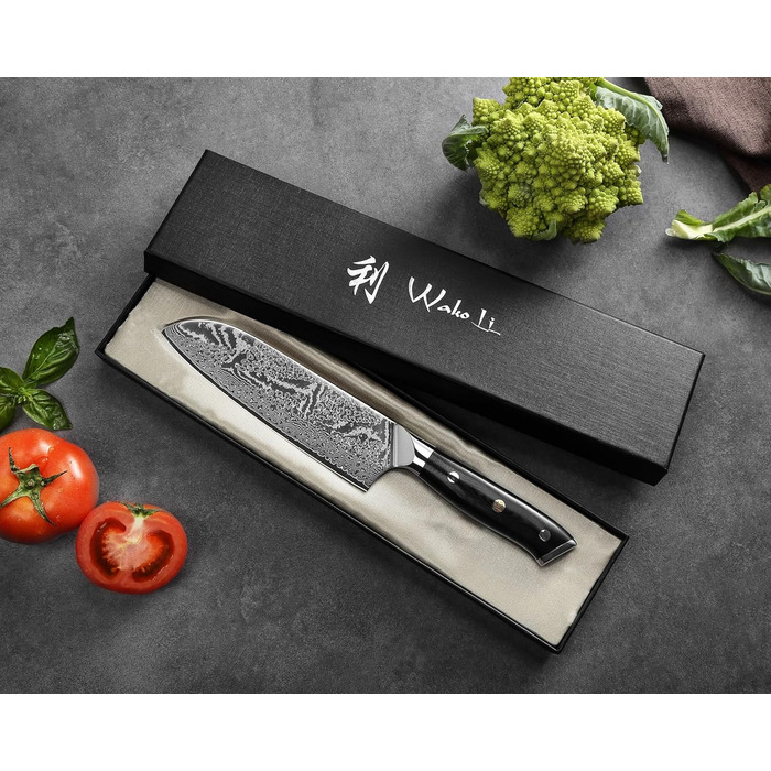 Японський ніж Wakoli Nitoko Santoku 18 см з дамаської сталі (67 шарів) VG10, HRC 60, G10 руків'я, Full Tang, для чистих нарізок, у подарунковій коробці
