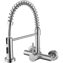 Змішувач кухонний настінний висувний з душем, поворотний 360°, з нержавіючої сталі, матовий, монтажне отвір 15 см