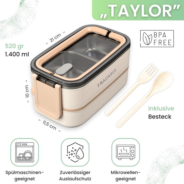 Бенто-бокс 'Taylor', 2 яруси з відділеннями, преміум нержавіюча сталь, без BPA, з посудом, для їжі на виніс, Meal Prep для дорослих, витримує мікрохвильову піч, герметичний