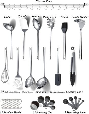 Kyraton Stainless Steel Kitchen Utensils Set, 37-Piece, Kitchen Helper Set, Kitchen Tool Set with Utensil Holder, Cooking Spoon Set Dishwasher Safe