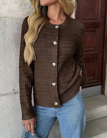 Жакет Zeagoo з довгими рукавами, кардиган з круглим вирізом, в'язаний жакет на ґудзиках, відкритий спереду, в'язаний светр, елегантний жакет Zeagoo для жінок (XXL, A-коричневий)