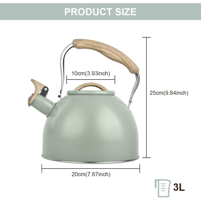 Чайник-заварник Flintronic з нержавіючої сталі, 3л, з дерев'яною ручкою, для всіх плит, чайник-заварник для чаю та кави (зелений)