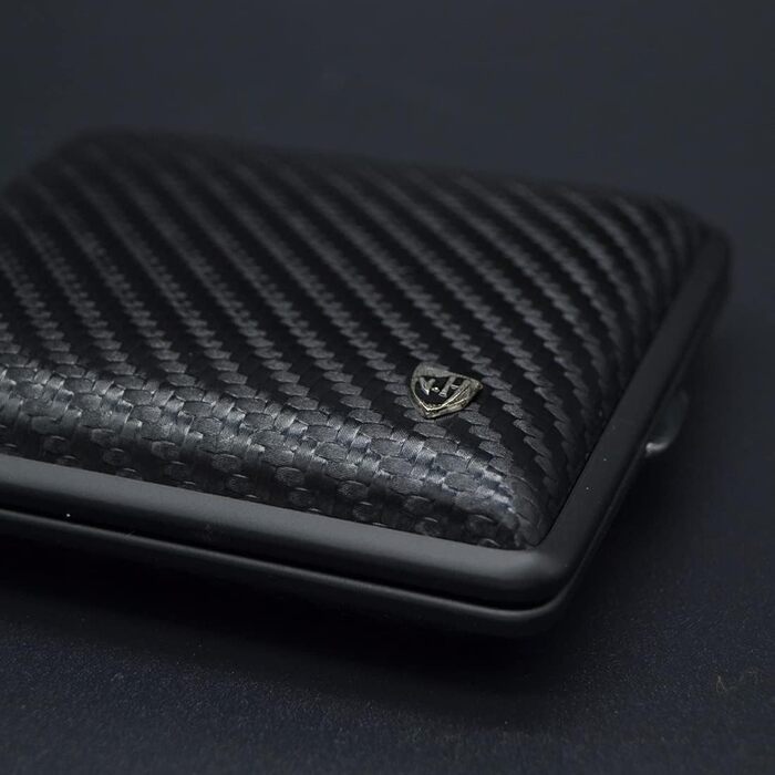 V.H. 1912 VOM HOFE MANUFACTORY Cigarette Case Genuine Leather, Handmade in Germany, Carbon with matte black frame, 85mm, ideal for 18 cigarettes - Case, Cigarette Box