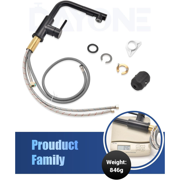 Чорна кухонна змішувач DAYONE з висувною лійкою, 360° обертання, модель G6808mb