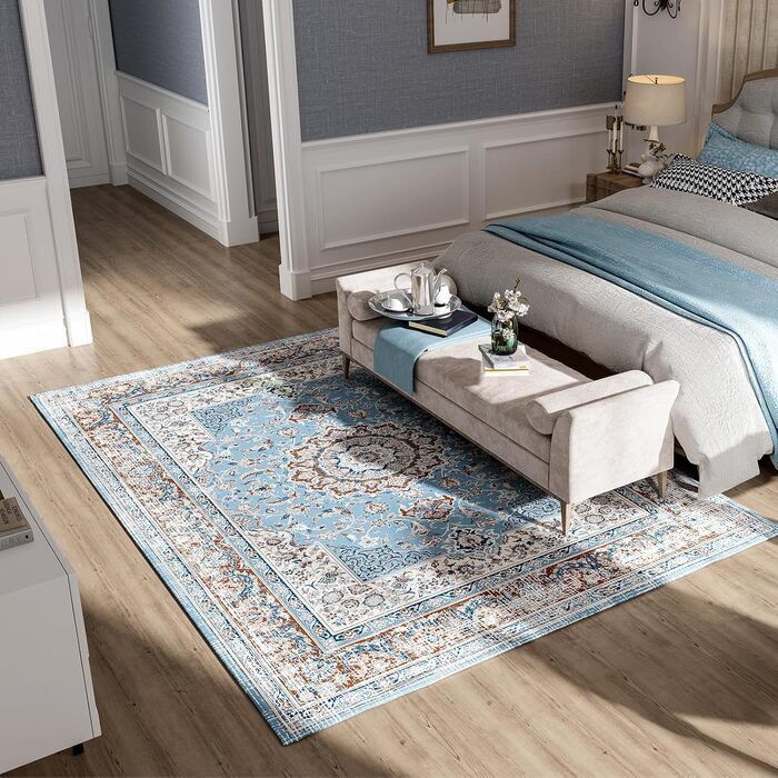 OMERAI Rug Living Room Washable Short Pile Rug Oriental Soft Bedroom Blue Non-Slip Vintage Rug 60x130CM Machine Washable Rug