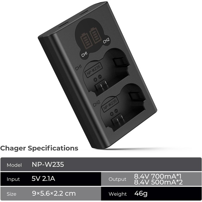 Зарядний пристрій K&F CONCEPT NP-W235 з LED-дисплеєм, Dual Slot, Micro USB та Type-C, сумісний з Fujifilm X-T5, X-T4, GFX 100S, X-H2S, GFX 50S II, VG-XT4. Підтримка передачі даних.