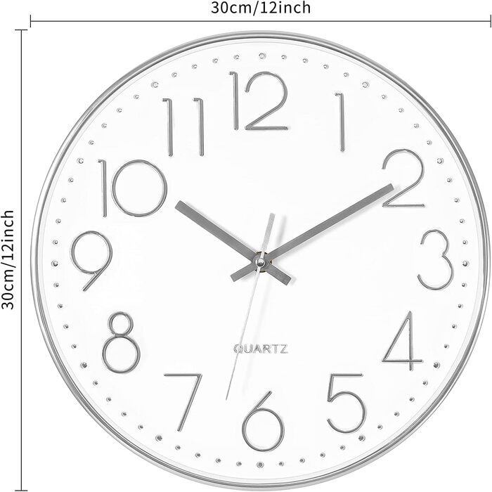 Foxtop Wall Clock Radio-Controlled Wall Clock 30 cm Silent & No Ticking Large Dial Analog Without Ticking For Kitchen, Living Room, Bathroom DCF Radio Signal Modern Design White-Gray (White-Silver)