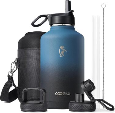 Термопляшка Coolflask 2л з соломинкою та 3 кришками, нержавіюча сталь, для спорту та офісу, Indigo Schwarz