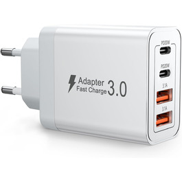 Мережевий зарядний пристрій USB C на 40W з 4 портами, PD3.0, для iPhone, iPad, Samsung, білий