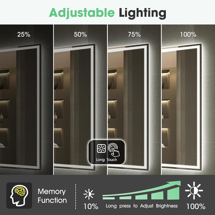 Дзеркало для ванної кімнати зі світлодіодною підсвіткою S'bagno Bluetooth 80x60 см, з підігрівом, регулюванням яскравості, пам'яттю, HD-скло, IP44, горизонтальне/вертикальне встановлення