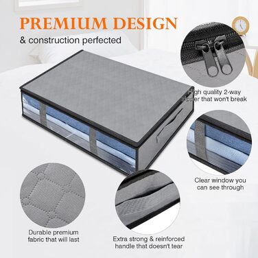 Коробки для зберігання постільних речей AiQInu, 4 шт, 60x45x15 см, сірі. Коробки для білизни з вікном та ручками, складні, для одягу, ковдр, постільної білизни