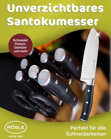 Кухонний ніж RÖSLE Santoku 17,5 см з куленшліфом, ергономічна ручка, для м'яса, риби та овочів, японська форма леза, преміум якість