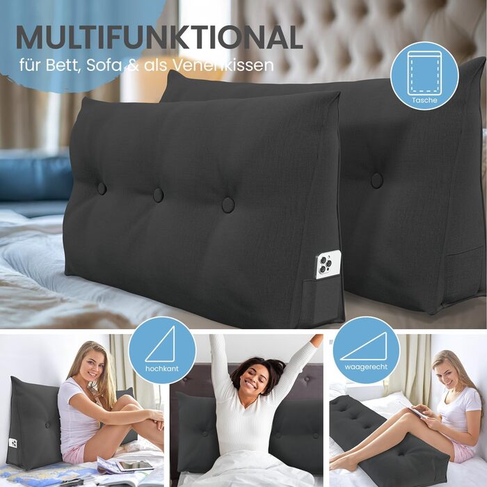 Підголовник для спини ELONEO, широкий, клиновий для ліжка та дивана, трикутна подушка для читання, знімний та пральний чохол, з практичною бічною кишенею (Антрацит, 160 см)