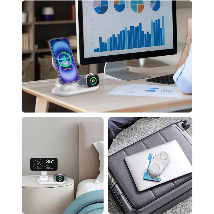 Портативна зарядная станція 3-в-1 для Apple Watch та iPhone з MagSafe, сумісна з iPhone 17, 16, 15, 14, 13, 12, AirPods Pro (біла)