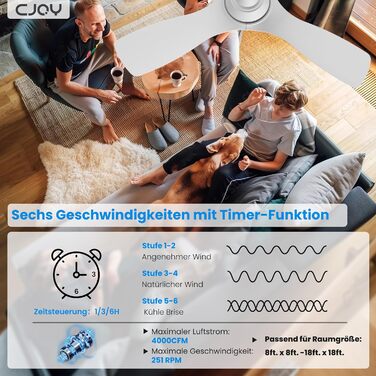Стеляний вентилятор CJOY з підсвіткою, 107 см, з пультом керування, DC, тихий, з функцією реверсу, пам'ять 3CCT, диммування, 6 швидкостей, таймер для спальні, білий
