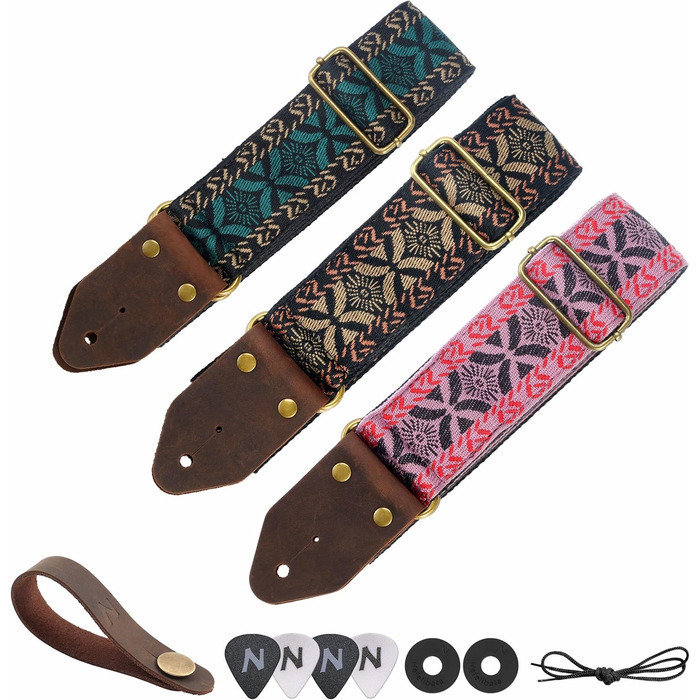 Гітарний ремінь Nefelibata з вишивкою, бавовна з дзеркальним краєм з Crazy Horse шкіри, для бас-гітари, електро- та акустичної, подарунок для дітей та гітаристів (вишивка зелена)