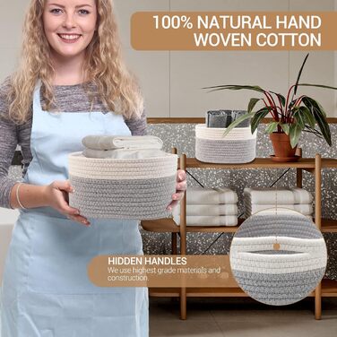 Lannvan Storage Basket 5-Piece Set made of Cotton, Woven Baskets, Storage Baskets, Storage Basket, Woven Basket for Bathroom, Bathroom, Children's Room, Changing Table, White and Grey