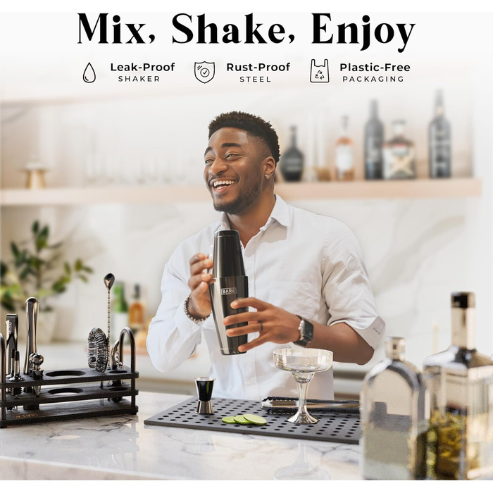 Bare Barrel® Cocktail Shaker Set - 14 Piece Mixology Bar Kit with Boston Shaker, Martini Accessories & Recipe Cards - Home Bartender Set