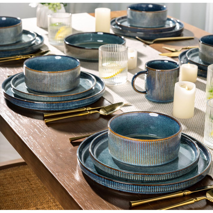 Набір посуду GBhome з каменю, 24 елементи, ручна робота, для 6 осіб, стійкий до миття в посудомийній машині та мікрохвильовій печі, керамічний посуд, блакитний колір