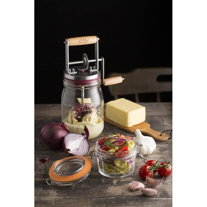 Kilner Butter Churn Glass with Hand Crank, Manual Hand Crank and Silicone Mixer, 1L, Opening: 7.2 cm, 16.5 cm x 11 cm x 27 cm, Make butter yourself in about 10 minutes, Glass butter container (pack of 2)