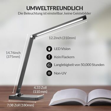 LED лампа настільна диммерна з USB, 5 кольорів та 3 рівні яскравості, для читання, дітей, офісу, чорна MT-856