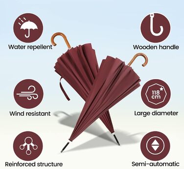 NINEMAX Large Windproof Umbrella - Wooden Handle Walking Umbrella for Men & Women - 16 Ribs Automatic Open - Burgundy