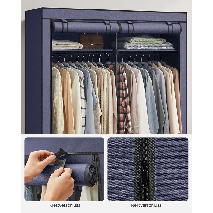 SONGMICS Storage Cabinet, Portable, with Hanging Rod, Folding, Wardrobe, Bedroom, Office, 140 x 43 x 174 cm, RYG02GY (Dark Blue)
