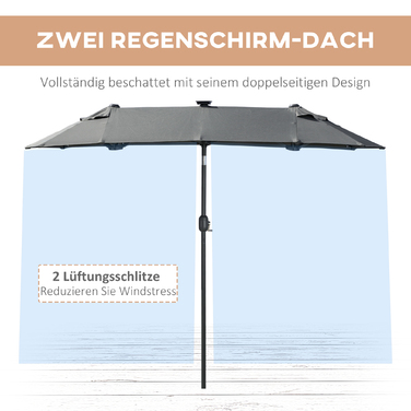 Сонцезахисний парасолька Outsunny Doppelsonnenschirm, 295 x 219 см, парасолька з LED-підсвічуванням, овальна, вітростійкий садовий парасоль, стабільний, парасолька для ринку з регульованим кутом нахилу для тераси, басейну, поліестер, сталь, темно-сірий | 